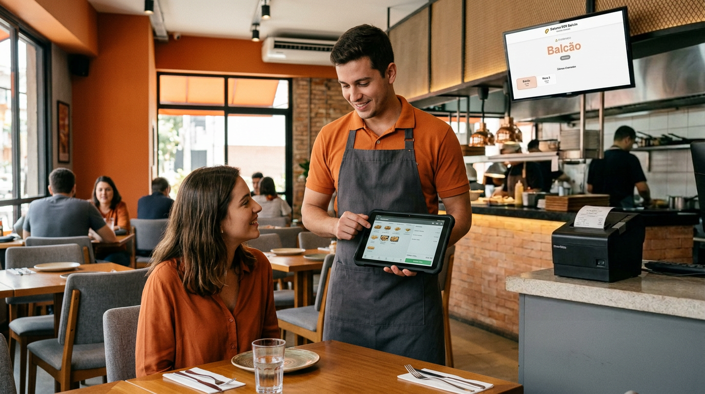 Garçom usando tablet para lançar pedido no PDV Balcão