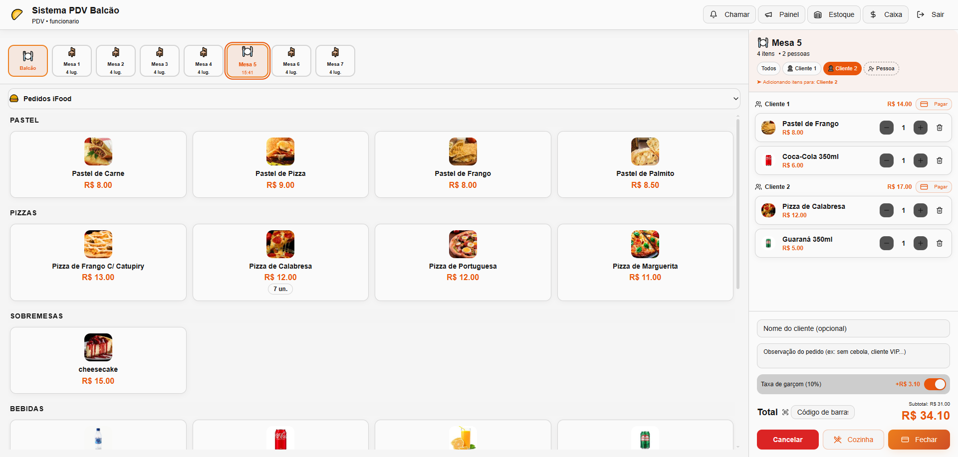 Painel principal do PDV Balcão