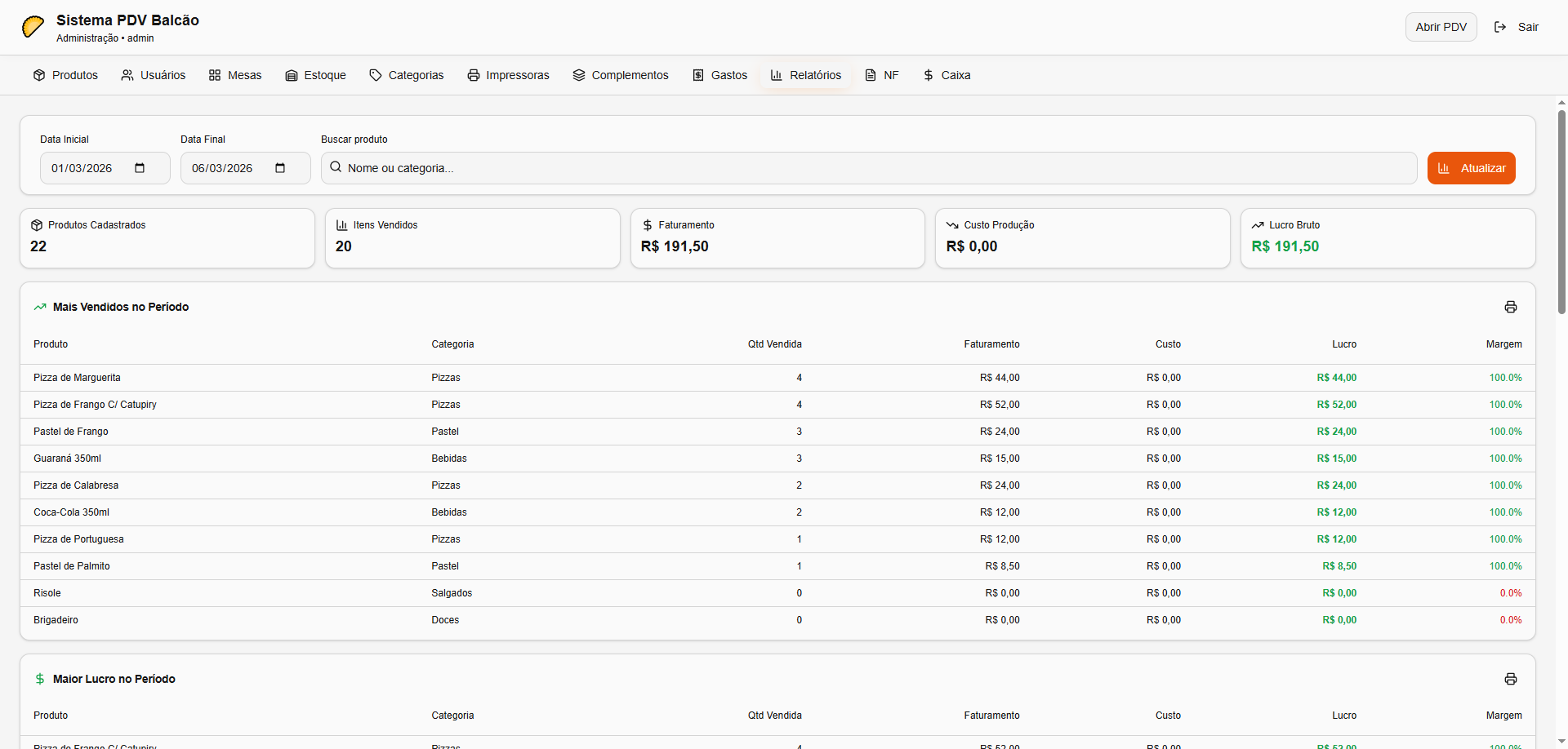 Tela de gestão de estoque