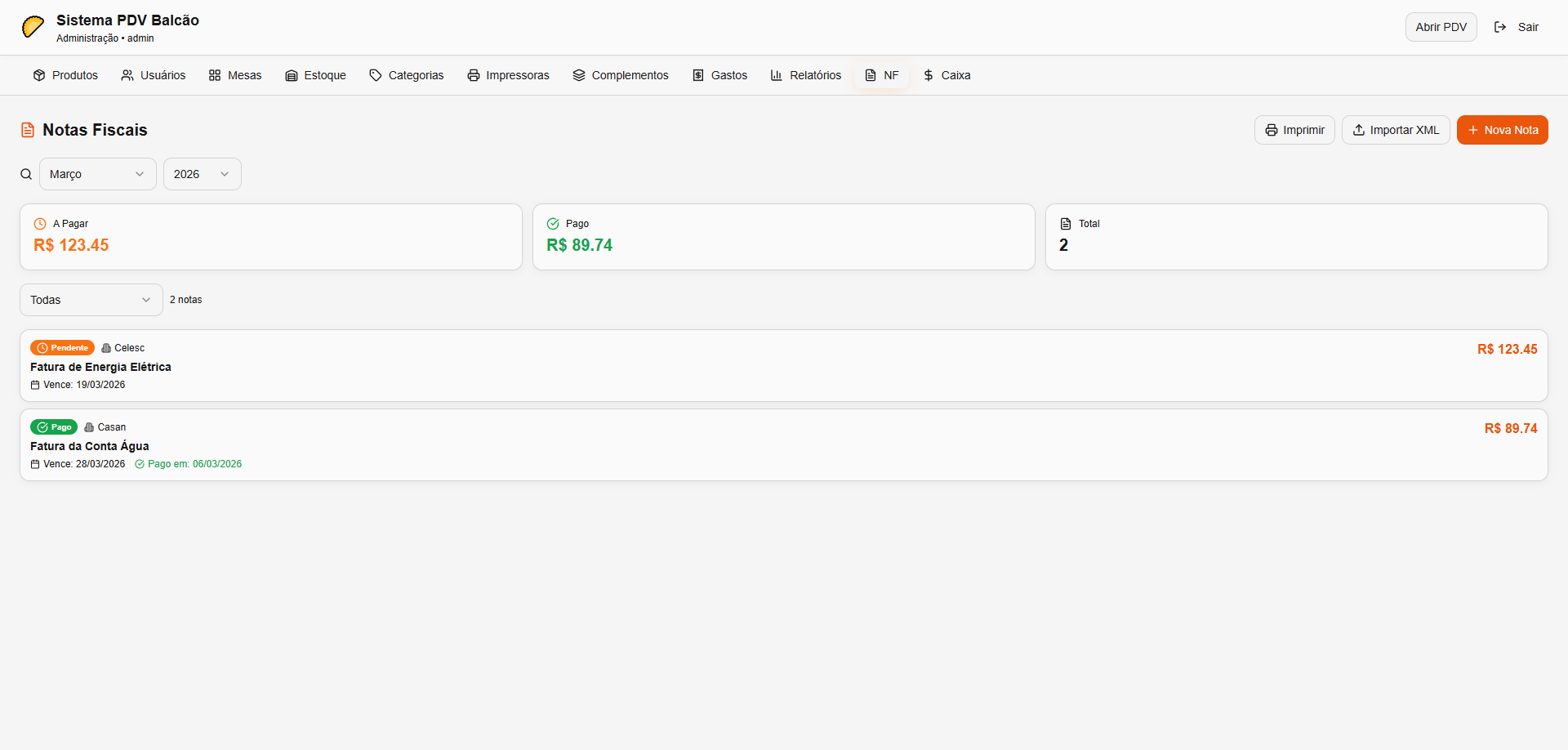 Tela de gestão de estoque