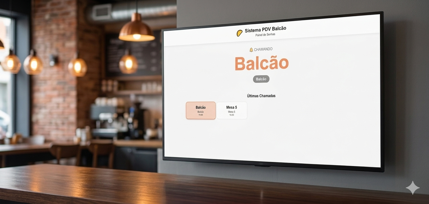 TV com painel de chamados do Sistema PDV Balcão