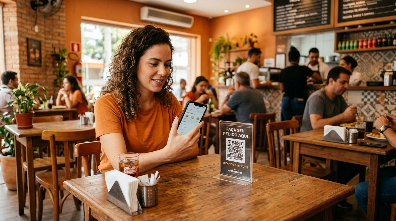 Cliente escaneando QR Code na mesa para fazer o pedido